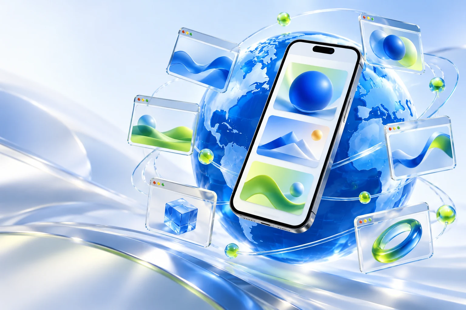 Reklamos tinklo iliustracija su telefonu ir interneto langais